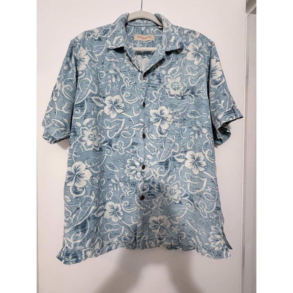 Tommy Bahama Silk Camp Shirt Men's Medium Short Sleeve Blue Floral Hawaii